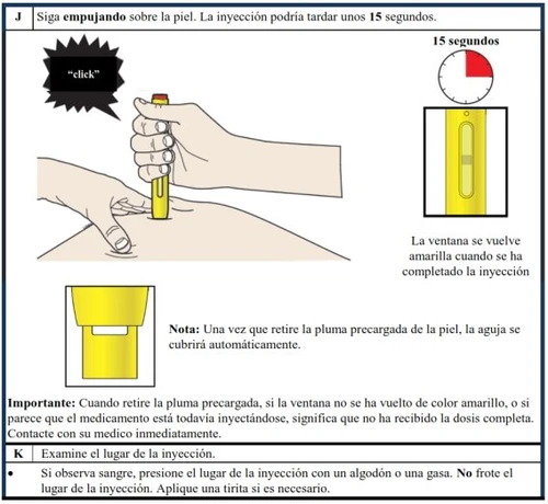 Medical illustration showing a hand pressing a yellow injector against the skin with a 15-second timer and a window turning yellow