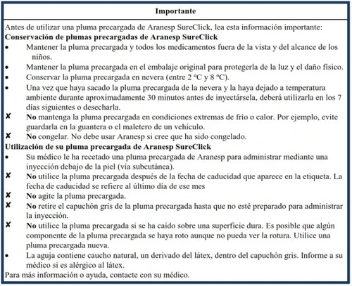 Informational text in Spanish on storage and use of the Aranesp SureClick pre-filled pen, including instructions on temperature and precautions