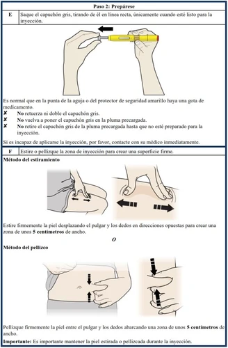 Medical diagram showing how to remove the grey cap from the yellow pen and two methods for preparing the skin by stretching or pinching