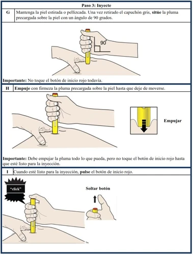 Three illustrated steps: placing the pen at a 90-degree angle, pressing firmly against the skin, and finally pressing the red button for injection
