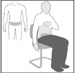 Schematic drawing of a man sitting on a chair and a standing male body highlighting the abdominal area for injection