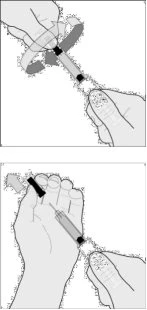 Two illustrations show hands rotating a cap onto a syringe and then holding it vertically for drug administration