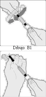 Technical drawing showing two hands manipulating a syringe to prepare or administer medication accurately