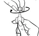 Due mani tengono un flaconcino mentre la mano superiore ruota il tappo in senso orario indicato da una freccia curva nera
