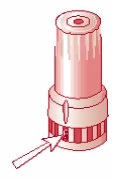 Pink cylindrical medical device with a grooved base and a white arrow pointing to an indicator on the lower part