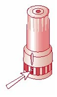 Disegno tecnico di un dispositivo medico cilindrico con una freccia che indica una tacca o un punto specifico sulla base del dispositivo
