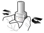 Two hands holding a white cylindrical medical device with black curved arrows indicating a rotational movement to the right and left