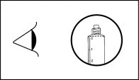 Disegno schematico di un occhio stilizzato accanto a un cerchio che mostra i segni numerici 0, 1 e 2 su un flacone di farmaco liquido