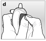 Two hands holding a white, curved medical device for drug administration, with the thumb resting on the top