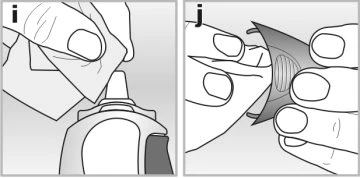 Two black-and-white drawings showing hands gently removing a protective cap from a medical vial and then opening a snap device