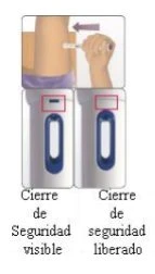 Medical illustration showing a hand using an injection device on the leg and a comparison between the device with visible safety lock engaged and released