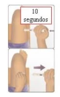 Two illustrations showing the injection device before and after activation