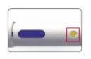 White rectangular medical device with a central blue button and a yellow circular indicator enclosed in a red box on the right