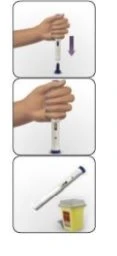 Three illustrations showing a hand holding an injection pen pressing downward and releasing