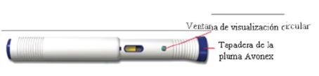 White injection pen with a circular yellow viewing window and a blue cap of the Avonex pen on a white background