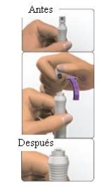 Three panels showing hands holding a white medical device before, during, and after injection