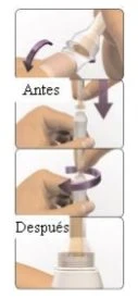 Sequence of four steps showing hands operating a medical device through rotational and downward pressure movements