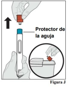 A hand removes the red protective cap from a pen-shaped medical device, and a circle shows the hand discarding the cap into a container