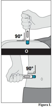 Two diagrams showing how to apply the device at a 90-degree angle to the top of the thigh