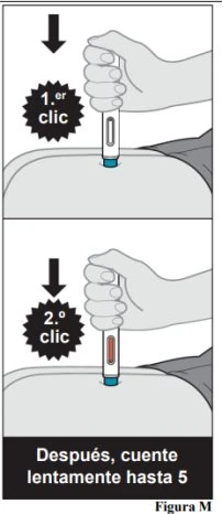 Two-step illustration showing a hand pressing a medical device against the skin until the first and second clicks, with numbered instructions