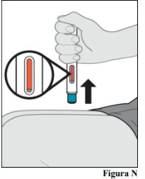 A hand holds a cylindrical medical device above a thigh with a black arrow pointing downward indicating injection direction