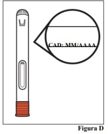 Technical drawing of an injection pen with a circular magnified view showing the expiration date code EXP in month/year format