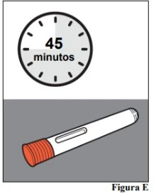 Analog clock showing the text '45 minutes' and a white cylindrical medical device with an orange cap on a gray background