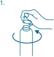 A hand rotates the cap of a bottle clockwise to open it, as indicated by number 1 and the blue curved arrow