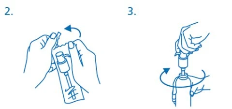 Line drawing showing two hands opening a bottle and one hand rotating the cap to open it with a circular arrow