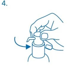 Blue line drawing showing a hand rotating the cap of a bottle to the left, with a curved arrow indicating the direction of movement