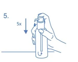 Blue line drawing showing a hand repeatedly pressing down five times on the pump of a spray bottle