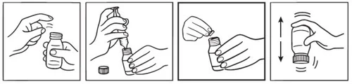 Sequence of four illustrations showing how to press the cap, insert the syringe, unscrew the cap, and shake the medicine vial