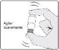 Una mano tiene tra pollice e indice un flacone con linee curve che indicano il movimento di agitare delicatamente il contenitore