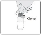 Una mano chiude il tappo di un flacone medico con la scritta "Chiudere" accanto al contenitore bianco e grigio