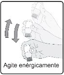 Disegno schematico di mani che tengono una fiala con frecce curve che indicano un movimento di agitazione