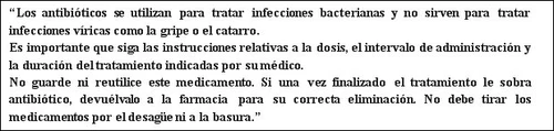 Text in Spanish on antibiotic use, medical dosage, prohibition of reuse, and instructions for proper disposal at the pharmacy