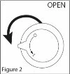 Diagramma con freccia curva nera che indica il movimento di rotazione in senso antiorario per aprire un dispositivo circolare con leva laterale
