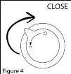 Diagramma con una freccia curva che indica il movimento di rotazione in senso orario di un dispositivo circolare con una leva laterale