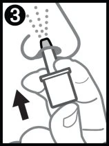 Black and white drawing of a hand holding an applicator inserted into a nostril, with small dots representing the nasal spray