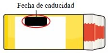 Illustration of a yellow container with a white label and red cap, indicating the expiration date location with a red circle