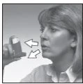 A woman holds an inhaler near her mouth with two white arrows indicating the movement of the