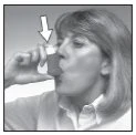 A woman holds a glass to her mouth to drink, with a white arrow pointing toward the container to indicate the