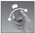 A hand holds a cylindrical vial and rotates it following the direction of a white curved arrow to indicate the turning motion