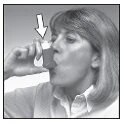 A woman holds a vial near her mouth to inhale the medication, with a white arrow indicating the direction of airflow toward the face