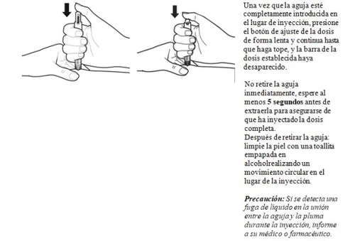 Two black and white drawings show hands holding an injection pen, pressing the dosing button with black arrows pointing downward
