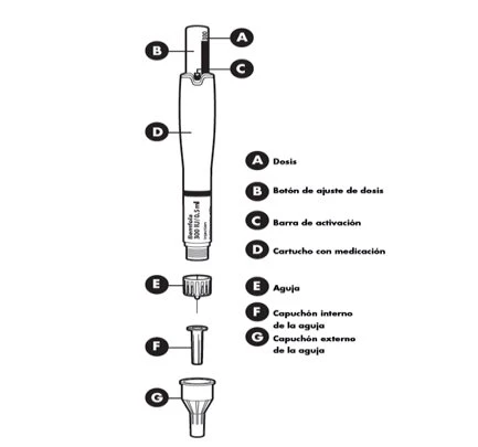 Diagram of a medical device labeled A dose, B adjustment button, C activation rod, D cartridge, E needle, F inner and G outer cap