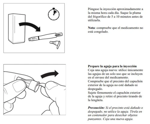 Diagram showing how to remove the injection pen from the refrigerator and prepare a new needle by removing the protective cap