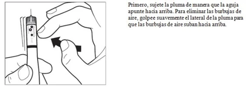 Two hands holding an injection pen with the needle pointing upwards