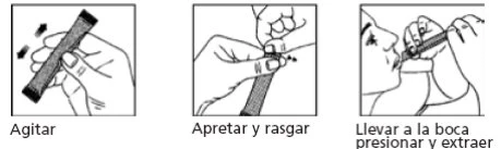 Three sequential drawings show how to shake a sachet, squeeze it to open, and bring it to the mouth to press and dispense the contents