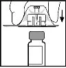 Technical drawing showing a hand pressing a device onto a medicine vial with a downward-pointing arrow